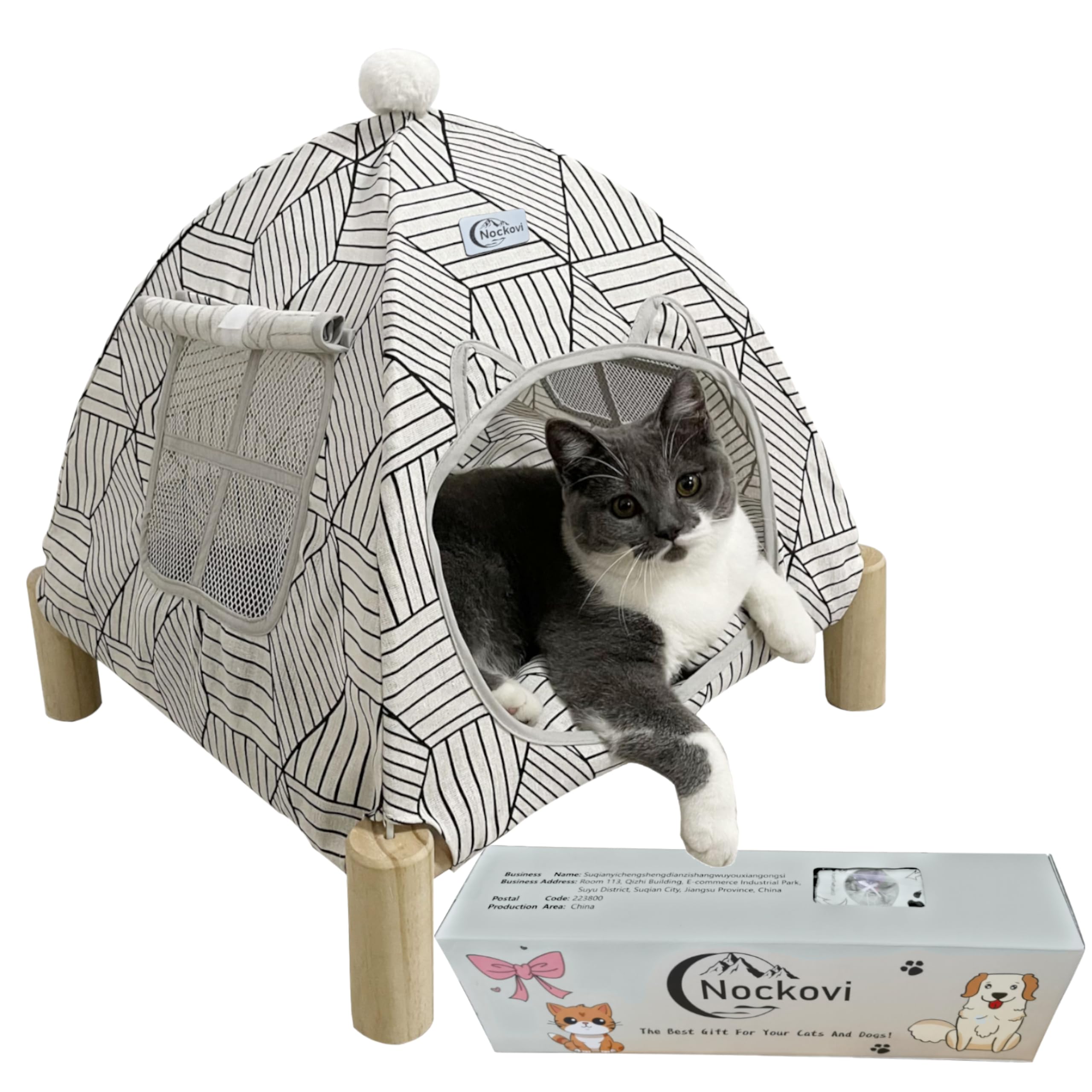 Nockovi 2-in-1 Elevated Cat Bed Tent with Soft Mattress， Portable Pet Tent House for Cats, Puppies and Other Small Animals-White Diamond Pattern