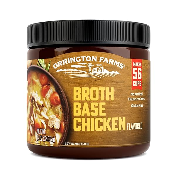 ORRINGTON FARMS CHICKEN FLAVORED BROTH BASE & SEASONING, READY-TO-USE, CHICKEN BOUILLON POWDER CONCENTRATE, VERSATILE USAGE, SEASON-TO-TASTE, EASY-TO-STORE, 12 OZ JAR (PACK OF 1)