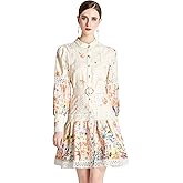 LAI MENG FIVE CATS Women's Hollow Out Floral Print Lantern Sleeve Button Casual Mini Dress