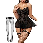 Foxiny Sexy Floral Lace Mesh Sheer Garter Babydoll Lingerie Dress Corset Outfit Set with Thong 3 Piece