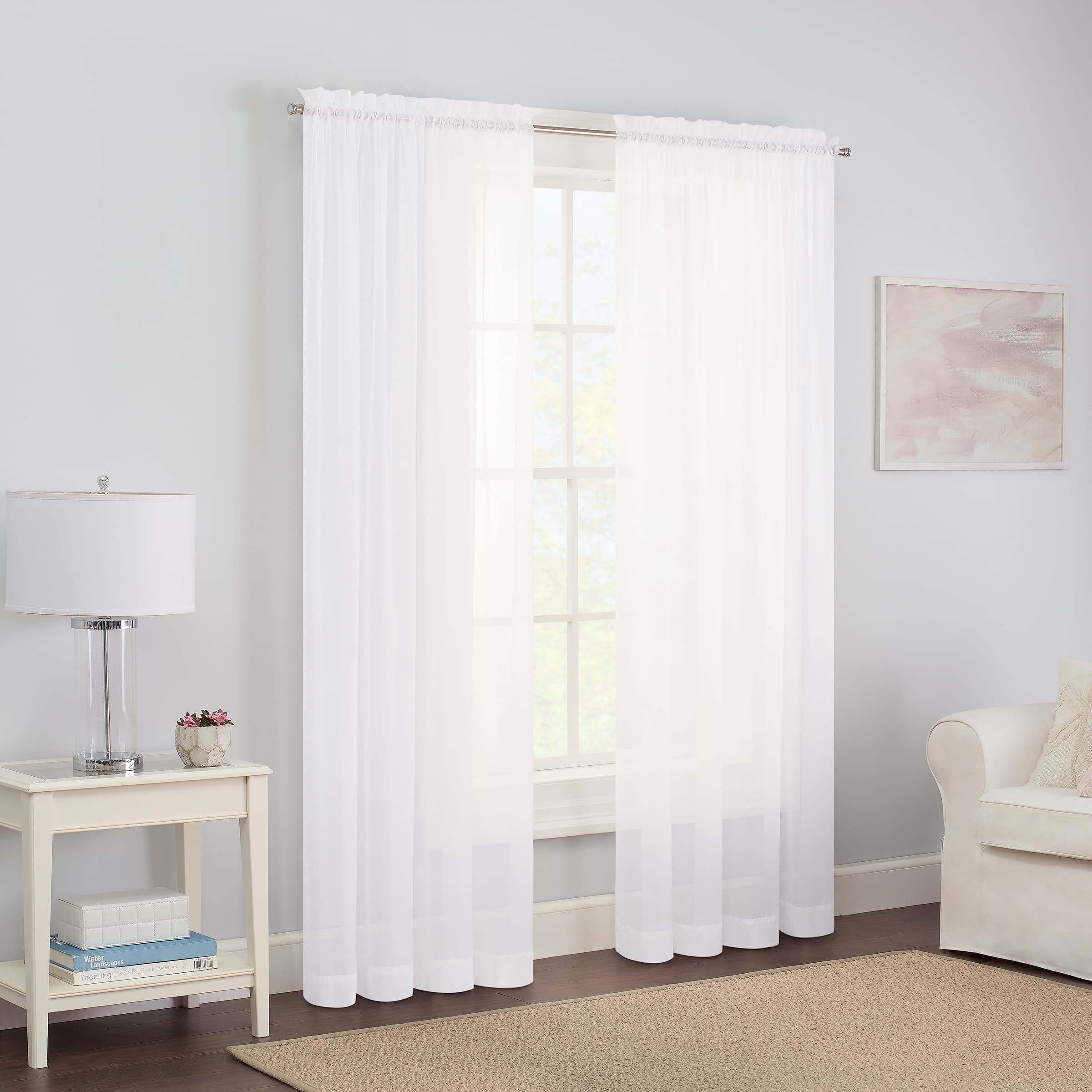 Photo 1 of Pairs to Go Victoria Voile Modern Sheer Rod Pocket Window Curtains for Living Room (2 Panels), 59 in x 63 in, White