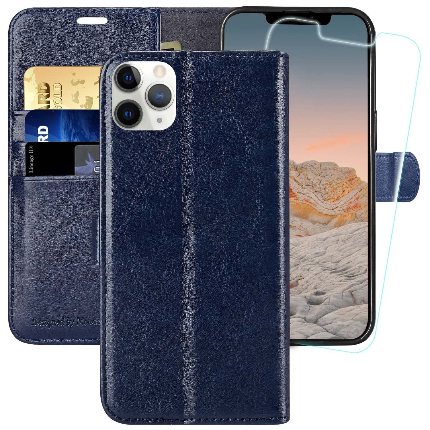 MONASAY iPhone 11 Pro Wallet Case,5.8-inch, [Glass Screen Protector Included][RFID Blocking] Flip Folio Leather Cell Phone Cover with Credit Card Holder for iPhone 11 pro,Blue — image 1