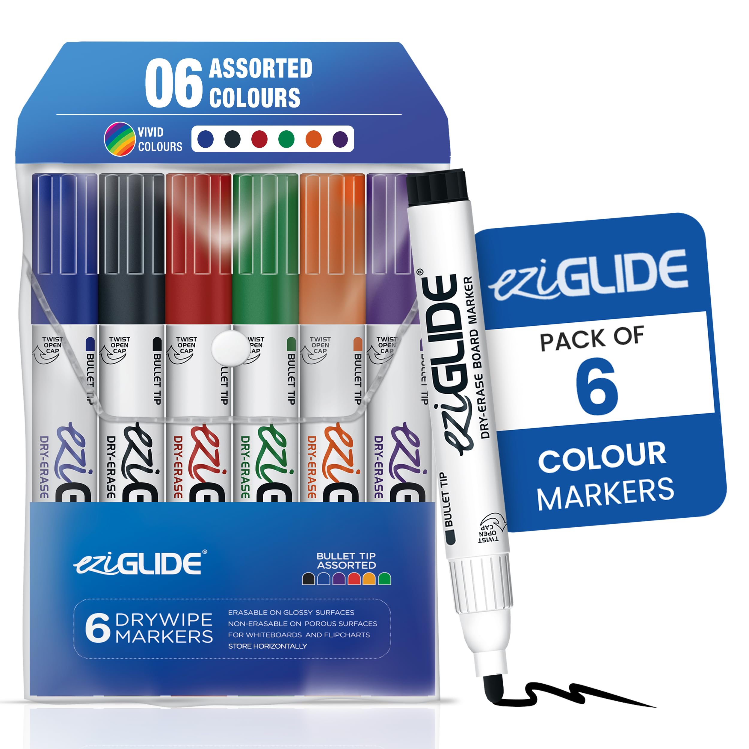 Eziglide 6 Assorted Drywipe White Board Pens, Bullet Tip – Refillable & Erasable Whiteboard Markers for Flipcharts, School & Office, Non-Permanent (Black, Red, Blue, Green, Purple & Orange)