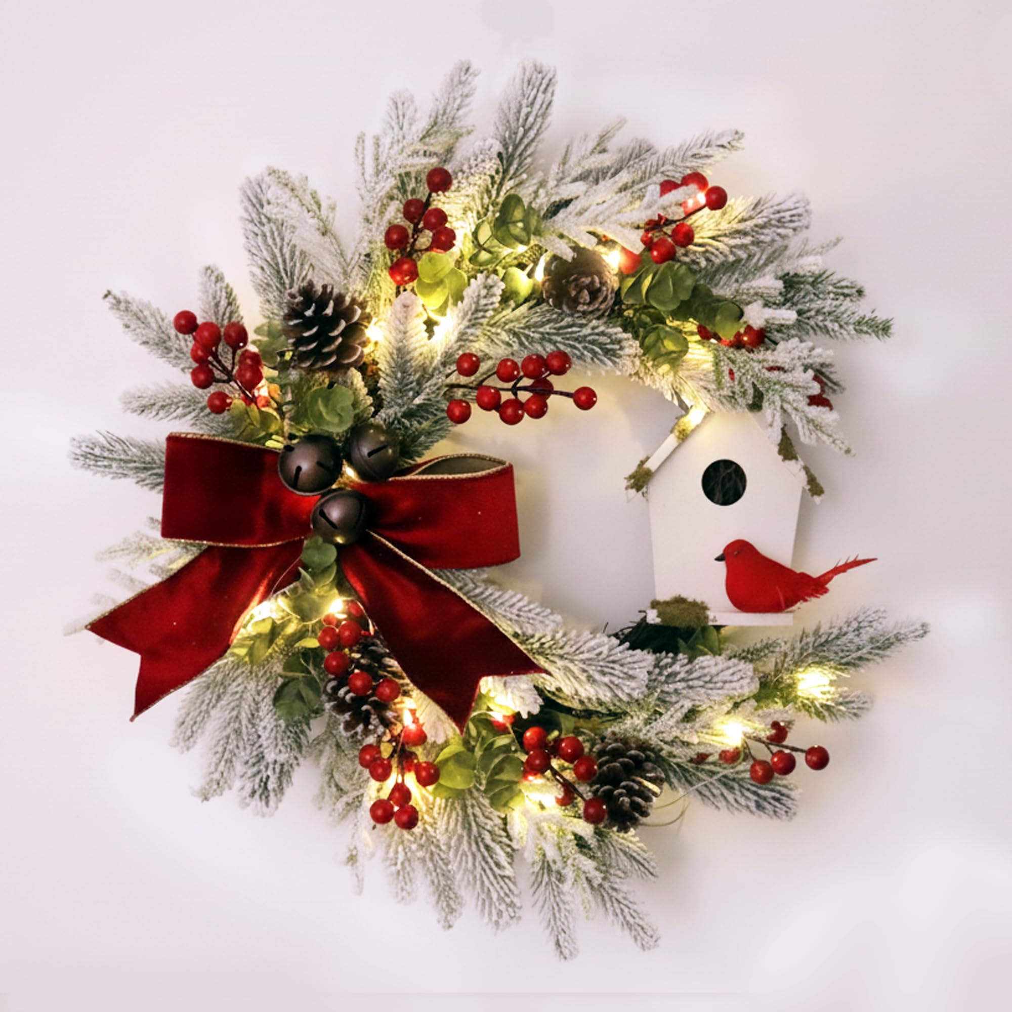 Photo 1 of 22'' Lighted Christmas Wreath with Timer, Cardinal & Birdhouse, Snow Flocked Pine Branches & Pinecones, Red Berries, Velvet Bow, LED Warm Lights with Steady/Flash Modes, Holiday Front Door Decor