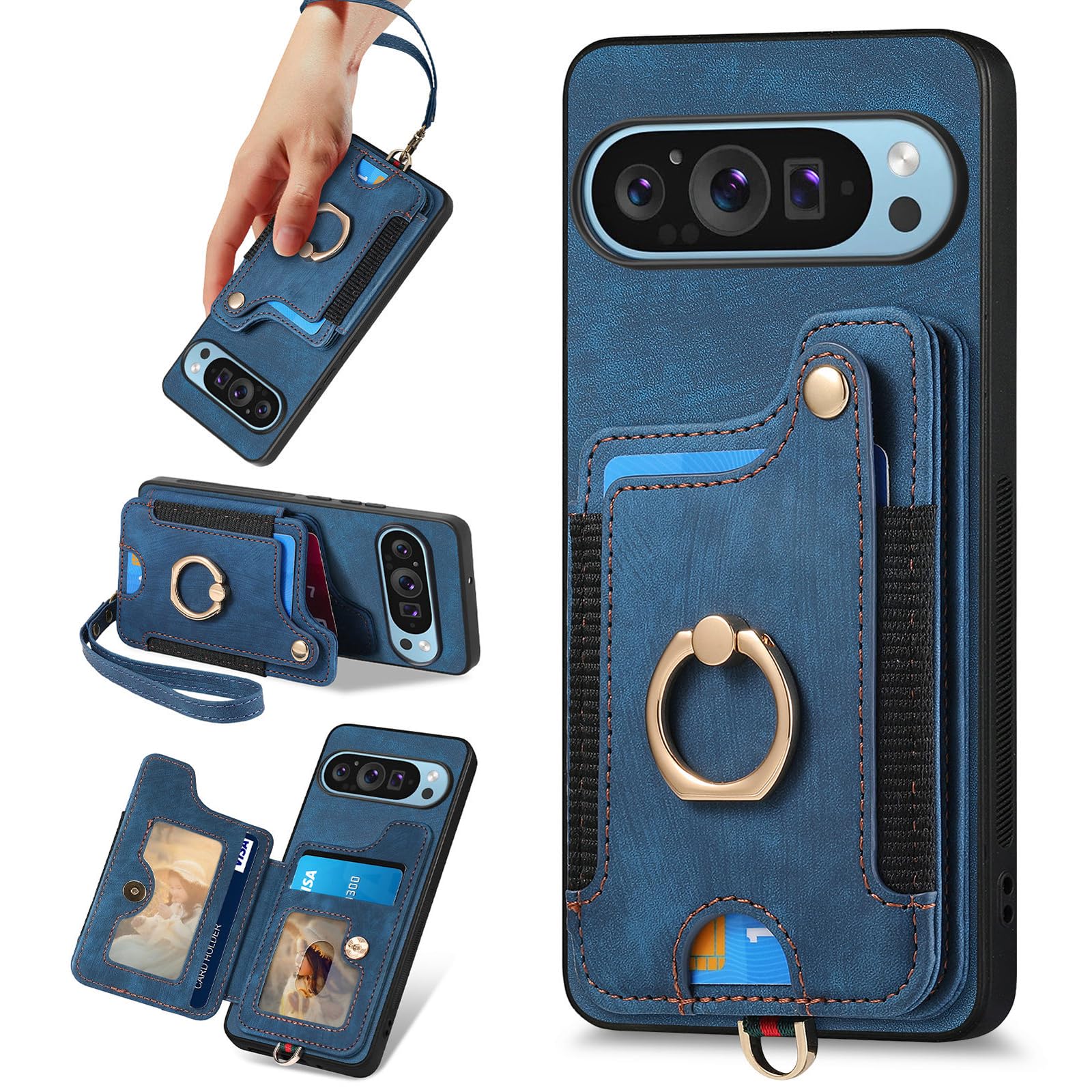 for Google Pixel 9 Pro XL Phone Case Wallet Card Holder,PU Leather Flip Folio Case,RFID Blocking Ring Holder Kickstand Wrist Strap Magnetic Protective Women Men Cover for Google Pixel 9 Pro XL Blue