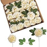 Lansdowns Artificial Flower Foam Rose 25pcs Real Looking Fake Rose with Stems Leaves for Home Decoration Party Garden Centerpieces DIY Wedding Bouquets（Champagne）
