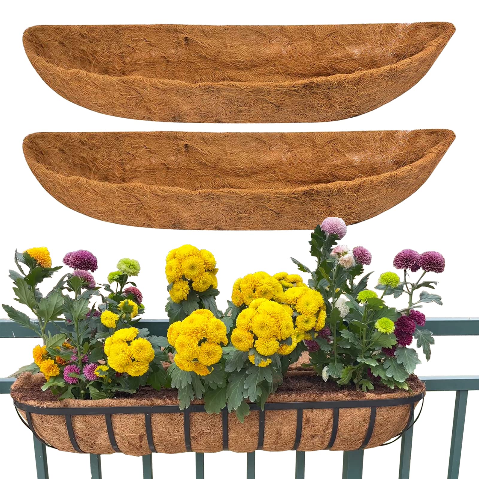 YUNSTK 2 Pcs Coco Liner Trough, 36 Inch Wall Mounted Planter Liner, Natural Coconut Fiber Hanging Basket Liners, Coco Fiber Replacement Liner for Window Box Planter, Wall Basket