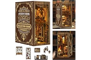 ISSEVE Book Nook Kit, DIY 3D Wooden Puzzle Dollhouse Booknook for Adults, Tiny Miniature House Kit Bookshelf Decor with LED Light and Dust Cover, Gifts for Family and Friends (Book Collection Room)
