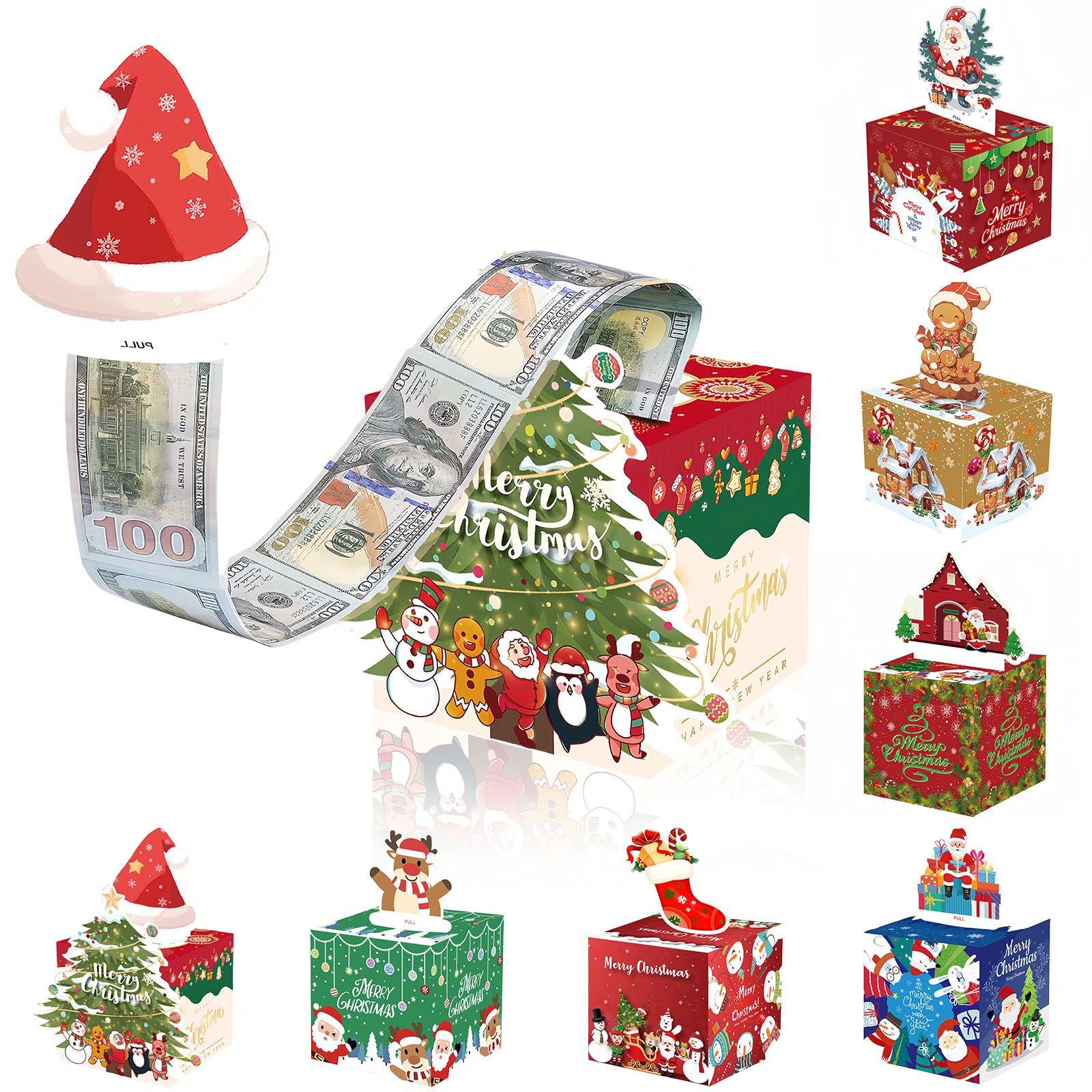 Christmas Money Pull Surprise Pouch for Kids/Adults - Xmas Cash Box with Money Cake Pull, Card and Bags