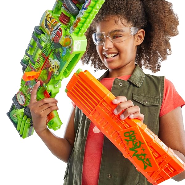 NERF ZOMBIE CORRUPTER DART BLASTER, 22 NERF ELITE DARTS, 18 DART CLIP, DART STORAGE, BOLT ACTION, OUTDOOR GAMES, AGES 8+