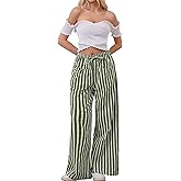 AIHUKOCY Women Drawstring Stripe Wide Leg Casual Trousers Striped Low Rise Casual Loose Lounge Pants with Pockets