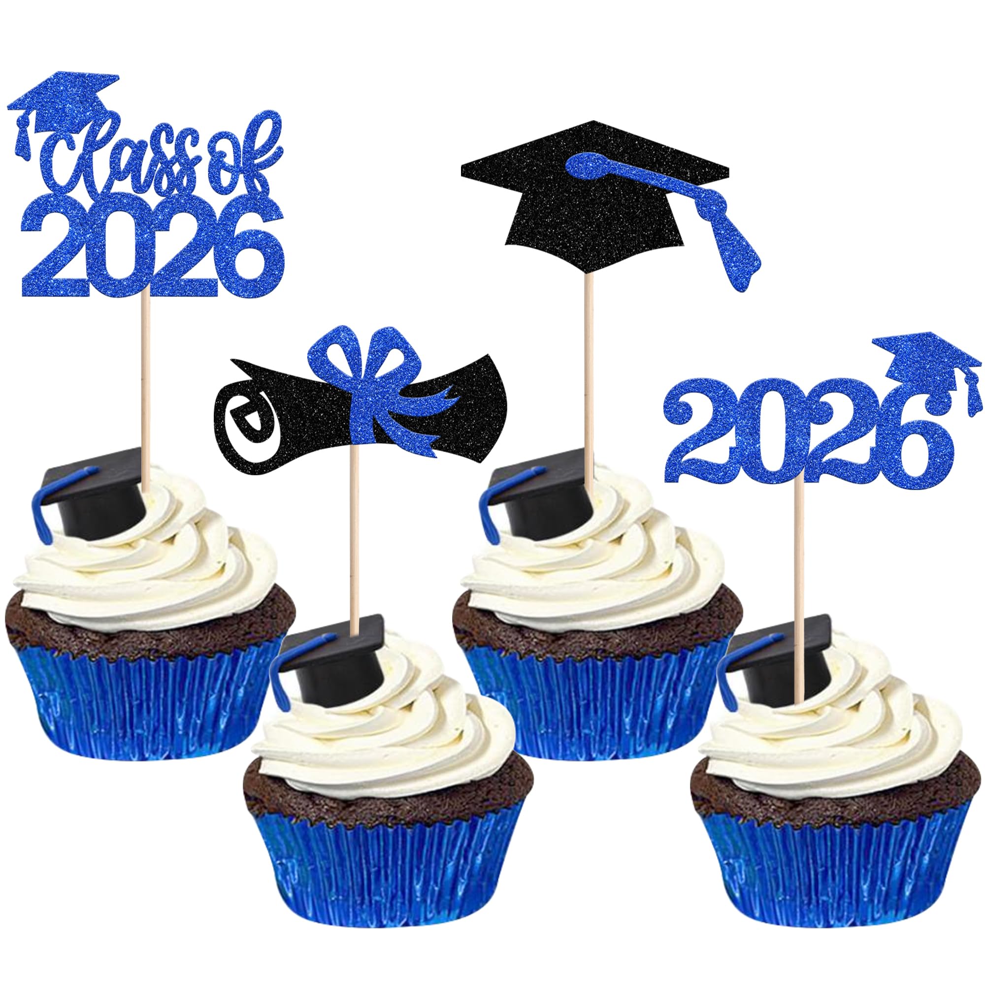 Xsstarmi 36 Pack Blue Glitter 2026 Graduation Cupcake Toppers Glitter Class of 2026 Grad Cap Diploma Cupcake Picks Decoration for 2026 Graduation Theme Party Cake Decorations