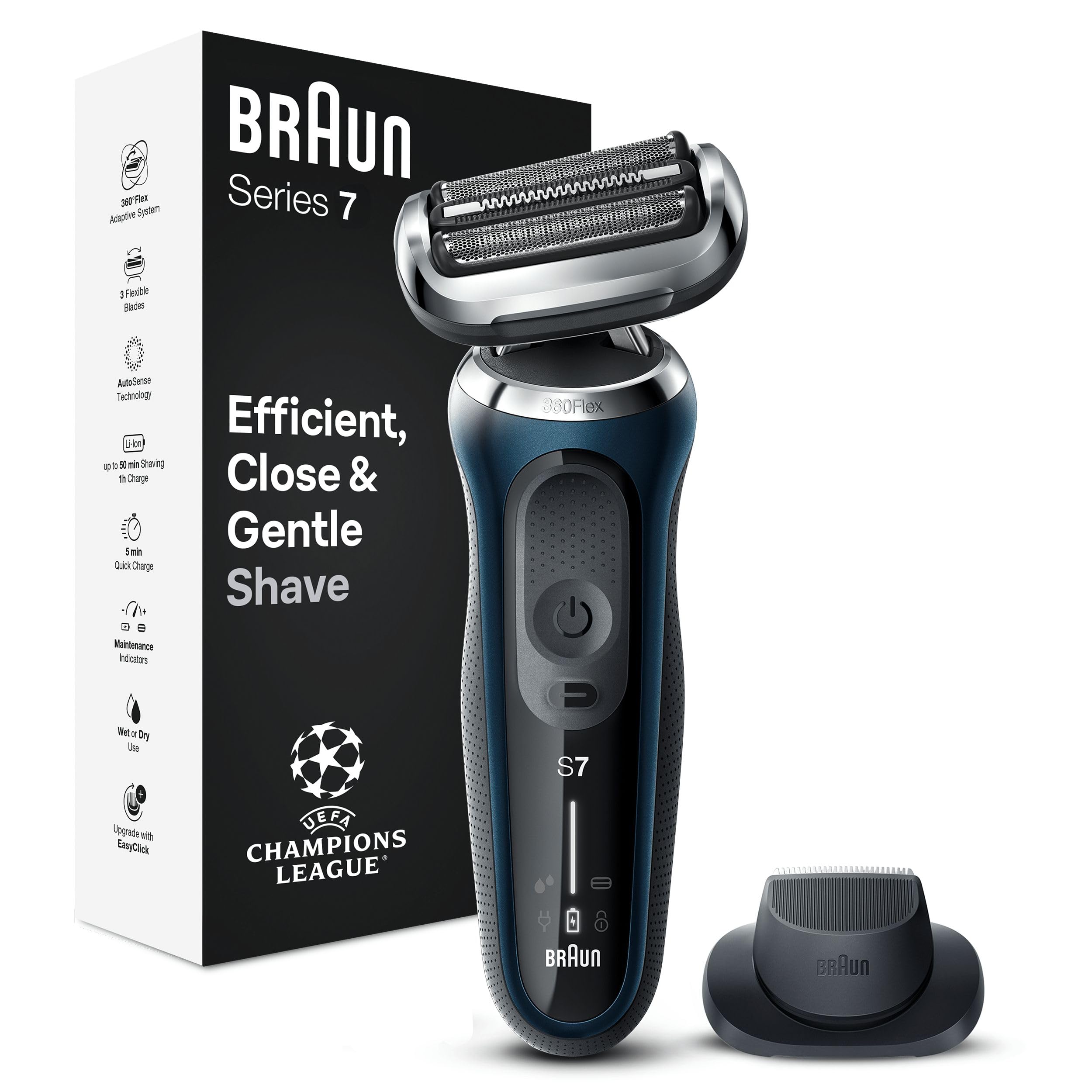Braun Series 7 71-B1200s Electric Shaver for Men with EasyClick Precision Trimmer Attachment, 360 degree Flex, Wet & Dry, Rechargeable, Cordless Foil Razor, Blue