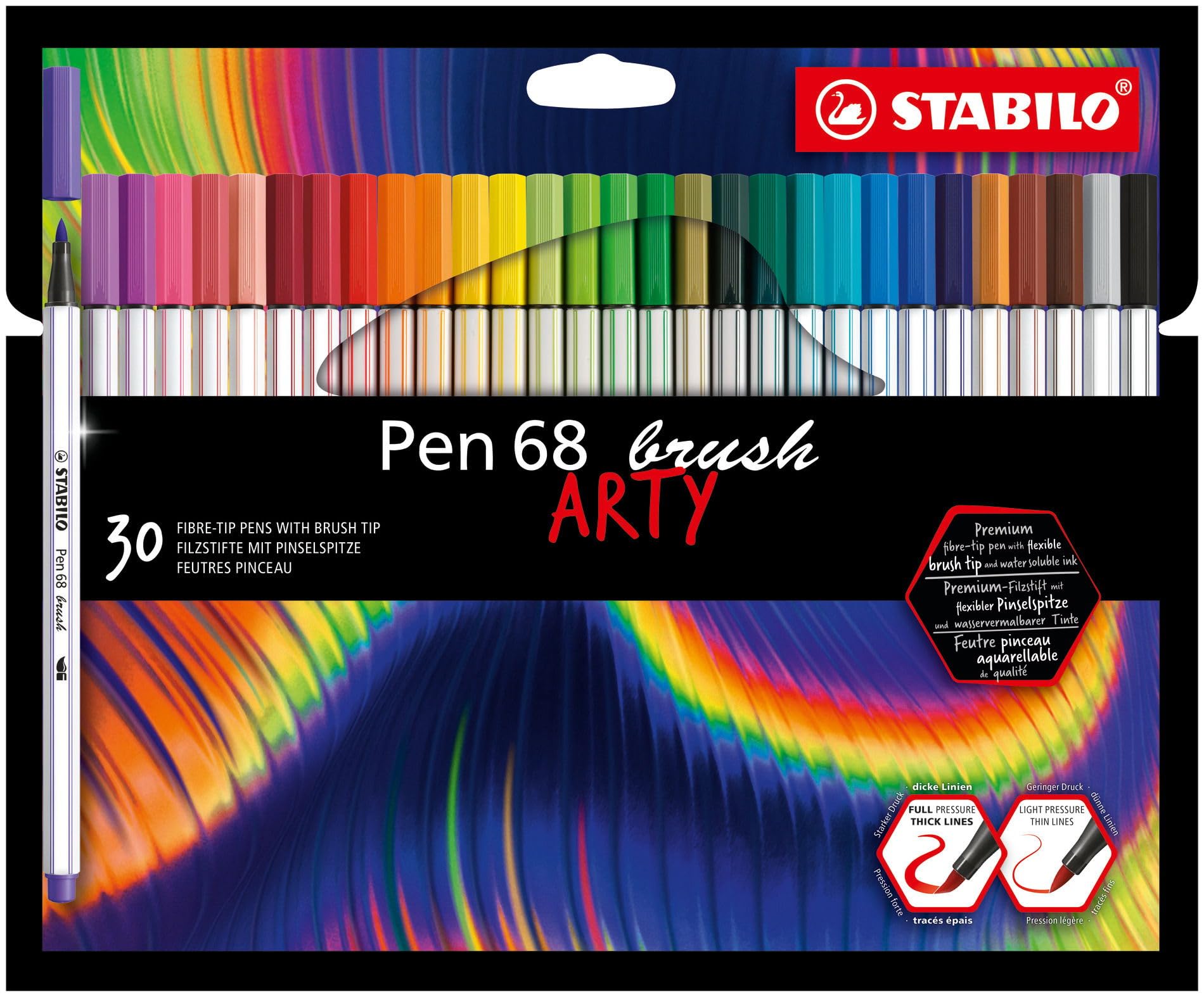 STABILO Pen 68 brush - Premium Fibre-Tip Pen with Brush Tip - ARTY - Pack of 30 - Assorted Colours