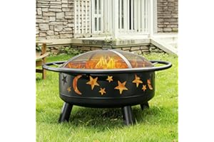 MISTMO 32 Inch Round Fire Pit with Mesh Cover, Fire Poker, Star and Moon Design, Metal Wood Burning Outdoor Firepit for Patio, Backyard, Garden, Bonfire Party,Perfect for Christmas, Thanksgiving, Halloween