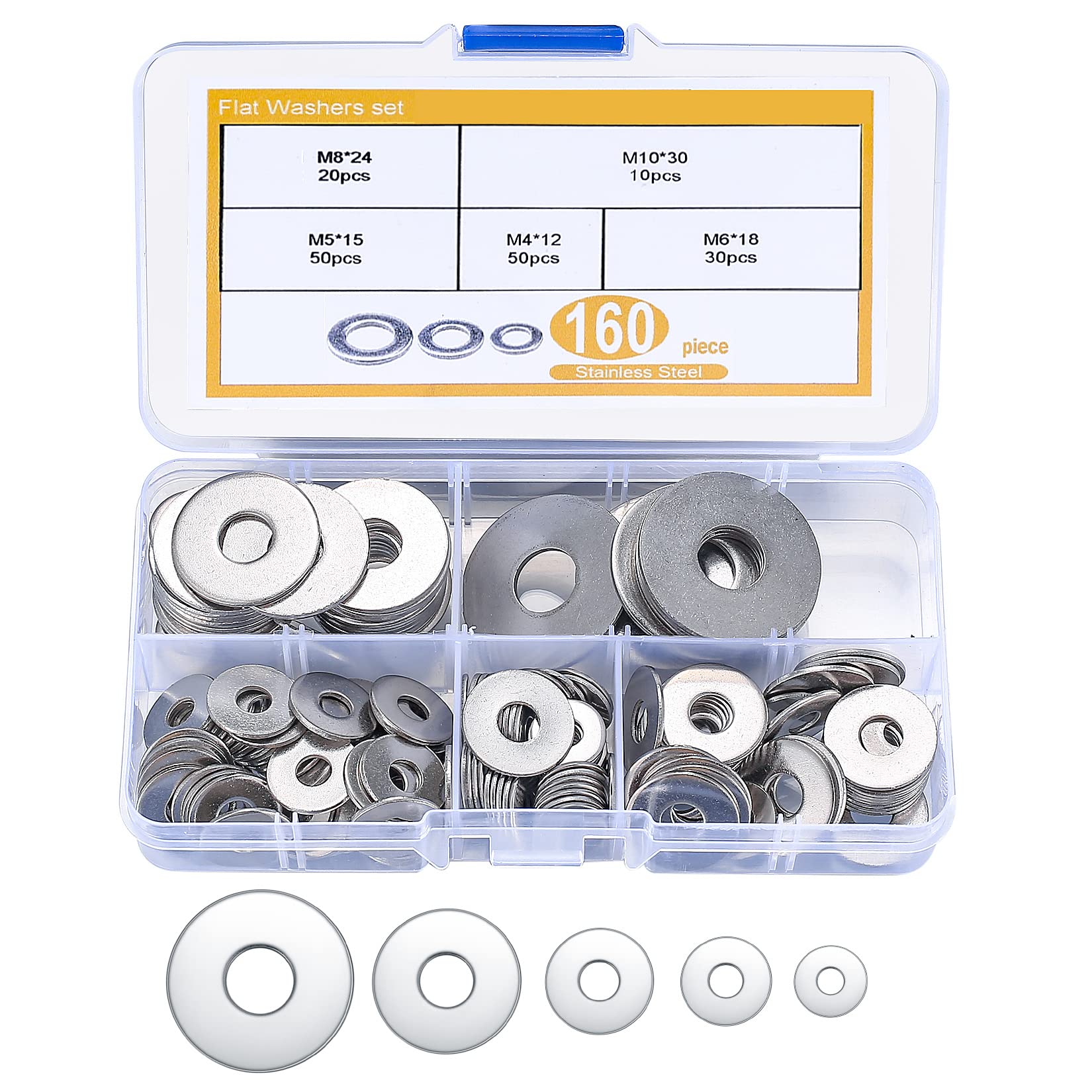 160 Pcs Flat Repair, Stainless Steel Penny, Round Large Metal Washers Spacers for Screws Bolts Washers Spacers - OD M4, M5, M6, M8, M10