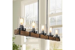LALUZ 5-Light Kitchen Island Lighting, Farmhouse Wood Linear Dining Room Chandelier Over Table with Seeded Glass Shade, 42.9'' Large Rustic Wooden Chandeliers Light Fixtures for Dining Room
