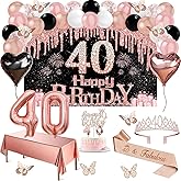 40th Birthday Decorations Women, 49pcs Black Rose Gold Black Happy 40th Birthday Banner, Tablecloth, Butterfly Decor, Sash and Tiara, Cake Topper, Candles, Balloons Arch