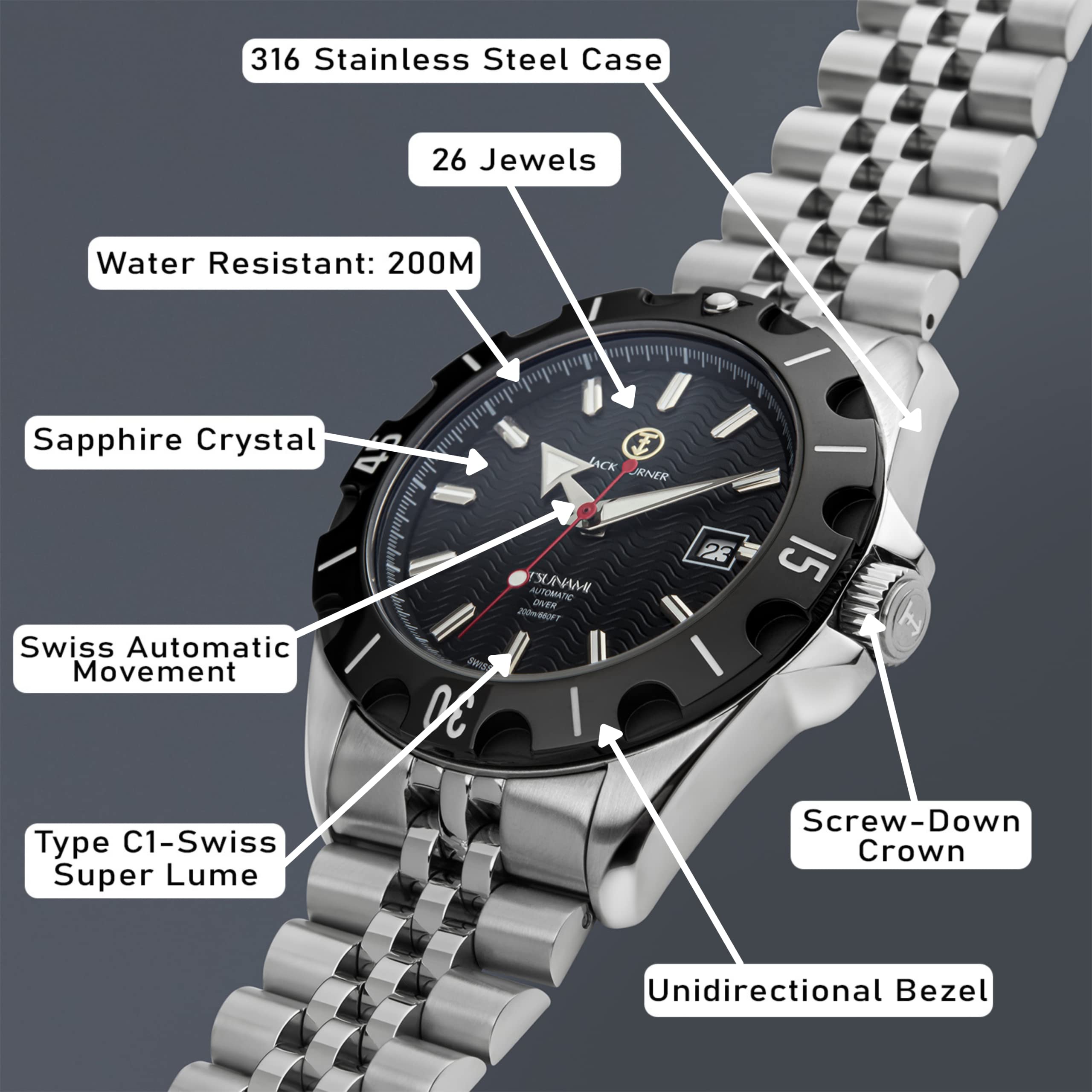 JT JACK TURNER EST. 1972 Limited Edition Swiss Automatic Sporty Dive Watch for Men
