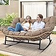 RADIATA Double Rocking Chair, Oversized Egg Rocking Chair for 2, Wide Papasan Loveseat with Cushion for Indoor Outdoor Patio Garden, 700lbs Weight Capacity (Brown Without Footrest)