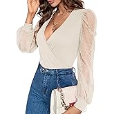 Fayenne Womens Tops Deep V Neck Cross Wrap Sexy Tops Polka Dot Mesh Long Sleeve T Shirt Casual Blouses