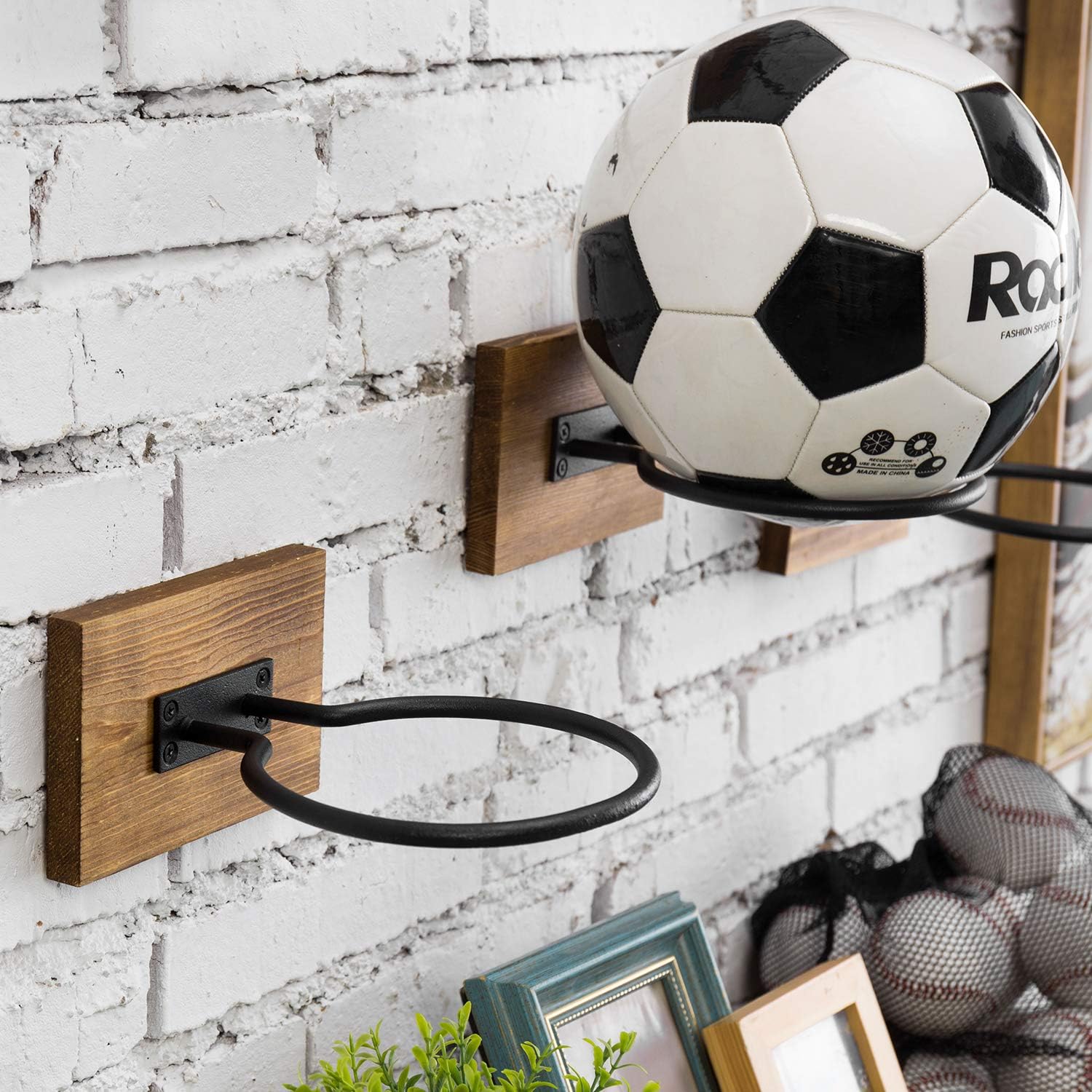 MyGift Wood & Metal Wall-Mounted Sports Ball Holder Storage, Set of 2: Sports & Outdoors