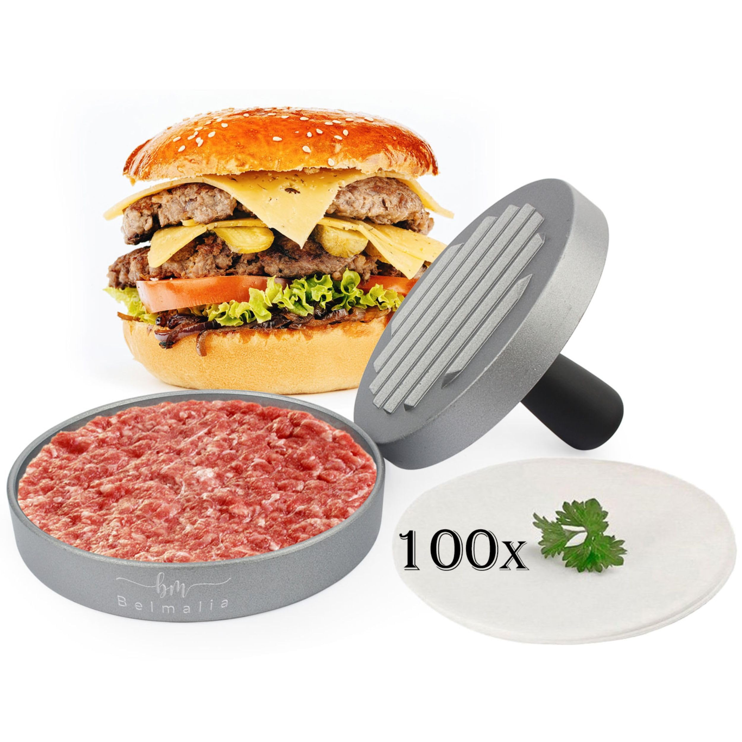 Belmalia Burger Press 100 Sheets of Baking Paper for Perfect Burgers, Hamburgers, Cheeseburgers, Patties, Meatballs, Frying Pan, Barbecue, Non-Stick, 11cm