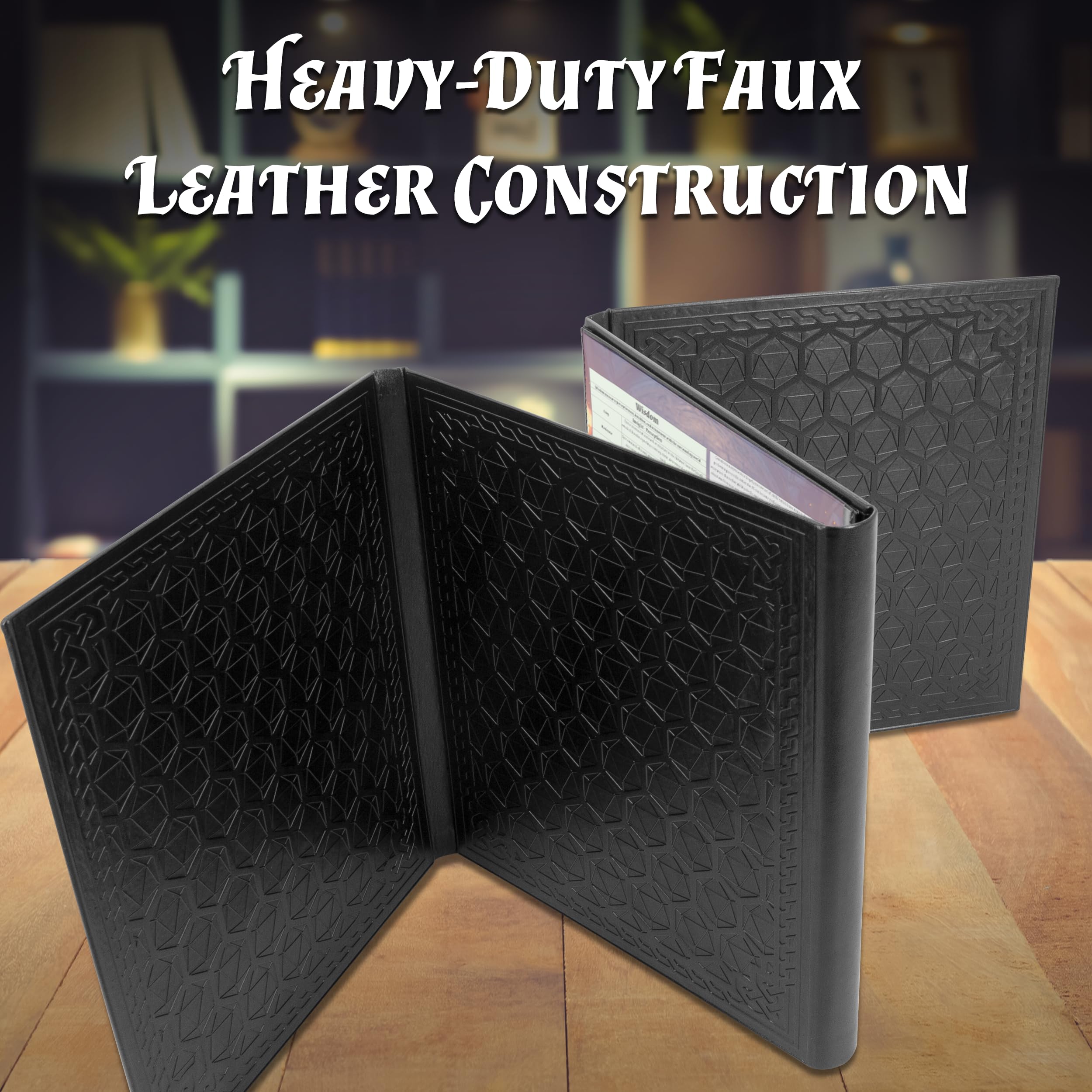 CASEMATIX DM Screen Faux Leather Embossed GM Screen - Four Panel Folding Dungeon Master Screen with Wet Erase Pockets and Compatible with Tabletop Roleplaying Games, Inserts Not Included, Black