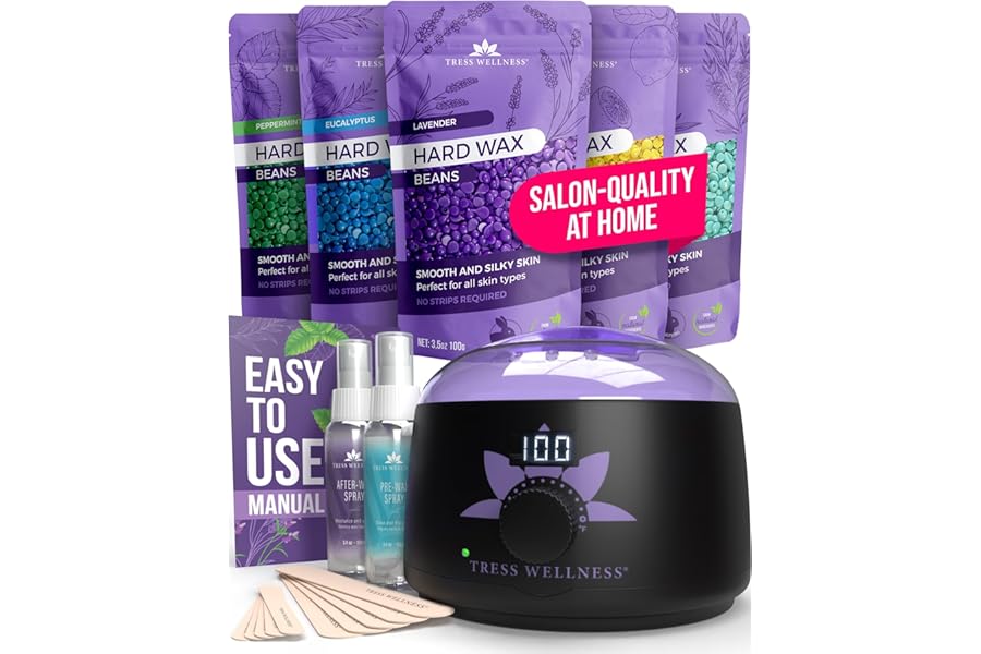 Tress Wellness Waxing Kit for Sensitive Skin, Safe for Face & Skin, Prep & Aftercare Spray, Easy to Use, At-Home Kit for Face, Bikini, Brazilian & Full Body – Digital Display, Black Purple Flower