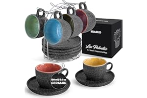 MIAMIO – 190 ml Ceramic Stackable Cappuccino Cup with Saucers and Metal Stand – Set of 6 Stoneware Cappuccino Mug Set for Spe