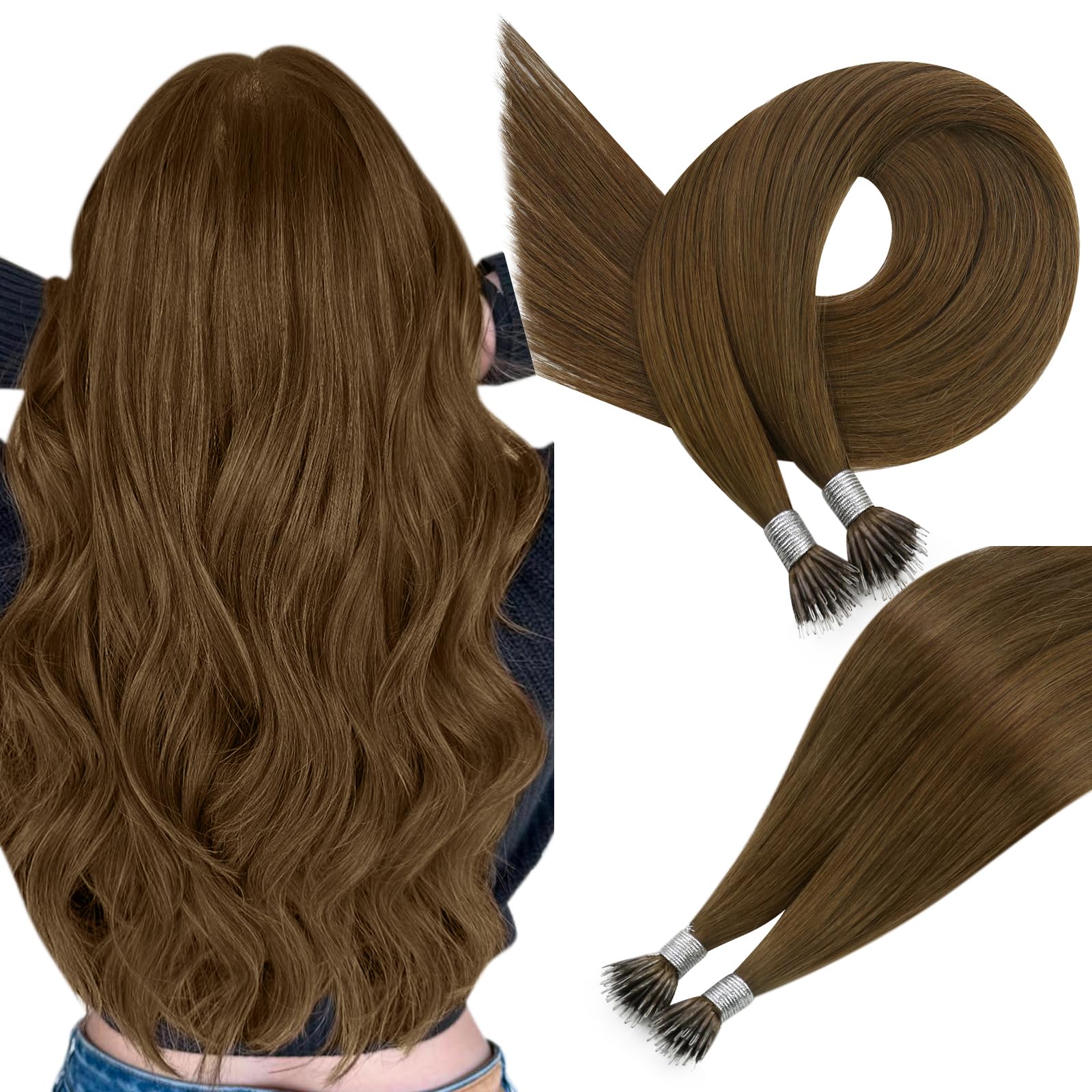 Easyouth Nano Beads Hair Extensions Human Hair Medium Brown Nano Ring Hair Extension Real Human Cold Fusion Nanobeads Extensions Real Hair for Volume 14 Inch 50g/50s #4 — image 1