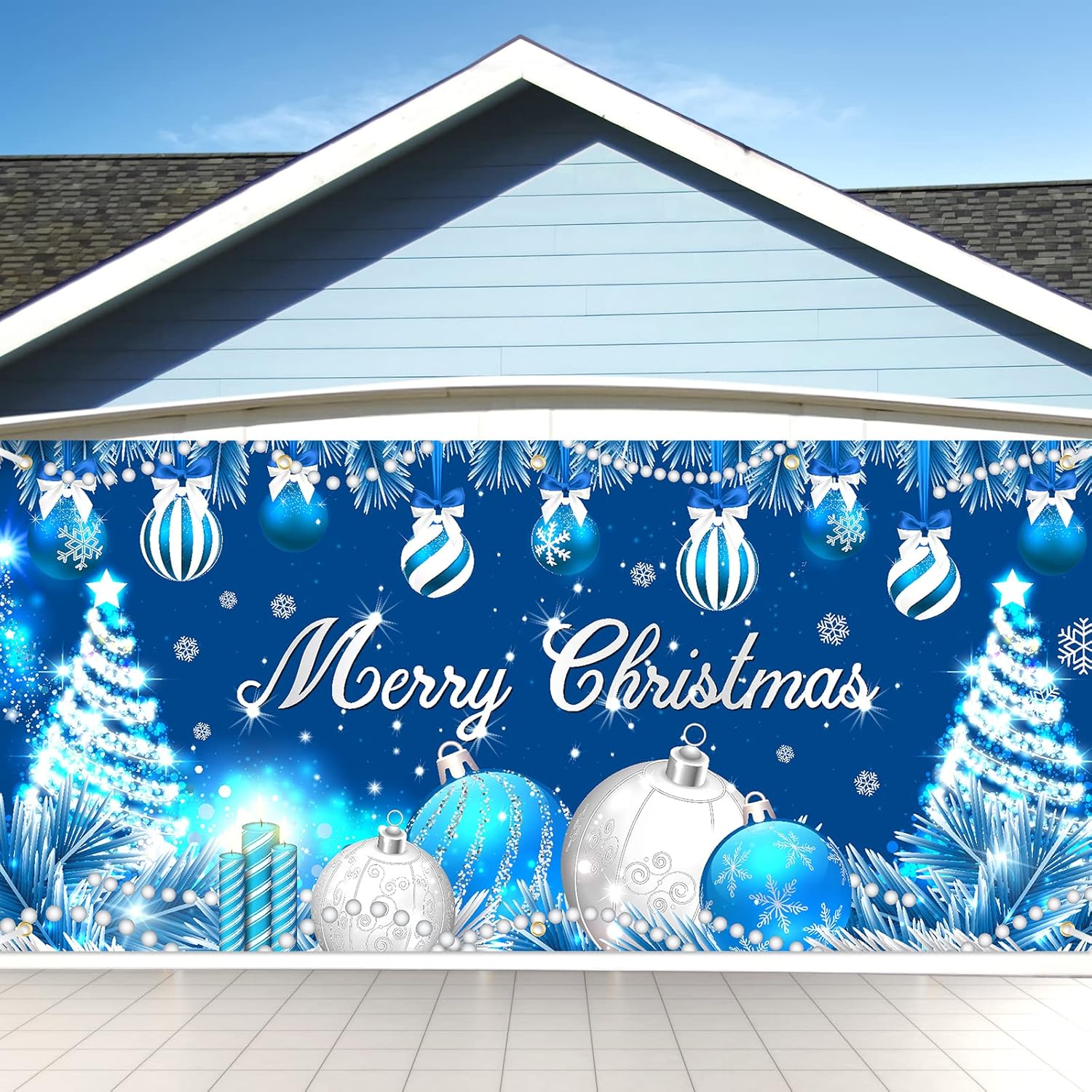 Garage Door Decorations - RUMIA Blue Christmas Ball Garage Door Banner Decoration Large Blue Merry Christmas House Banner Garage Door Cover Backdrop for Christmas New Year Winter Outdoor Indoor Background 6 x 13 ft