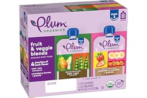 Plum Organics Variety Pack, 6+ Months - Organic Fruit & Veggie Baby Food Pouches - Pear + Pea with Spinach & Strawberry, Banana + Granola - 4 oz Pouch (Pack of 8)