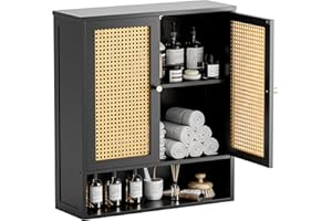 HITNET Bathroom Wall Cabinet, Rattan Medicine Cabinet, Bamboo Over The Toilet Space Saver Hanging Storage Cabinet with 2 Door