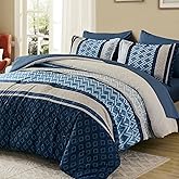 Cottolester Queen Comforter Set 7 Pieces Blue Boho Striped Bed in a Bag,Soft Microfiber Complete Bedding Sets