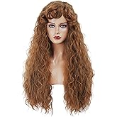 Gerulyss Long Brown Wig for Women Retro Curly Wig with bangs Brown Vintage Wig for Halloween,Daily Use