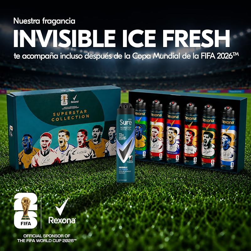 Caixa de Presente da Coleção Superstar da Taça do Mundo FIFA 2026TM, Spray Desodorizante Antitranspirante para Homens, 72H Proteção contra Suor e Odores, Ideia de Presente, Invisible Ice Fresh, 6 x 150 ml