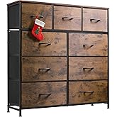 WLIVE 9-Drawer Dresser, Fabric Storage Tower for Bedroom, Hallway, Entryway, Closet, Tall Chest Organizer Unit with Fabric Bins, Steel Frame, Wood Top, Easy Pull Handle, Rustic Brown Wood Grain Print