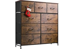 WLIVE 9-Drawer Dresser, Fabric Storage Tower for Bedroom, Hallway, Entryway, Closet, Tall Chest Organizer Unit with Fabric Bins, Steel Frame, Wood Top, Easy Pull Handle, Rustic Brown Wood Grain Print