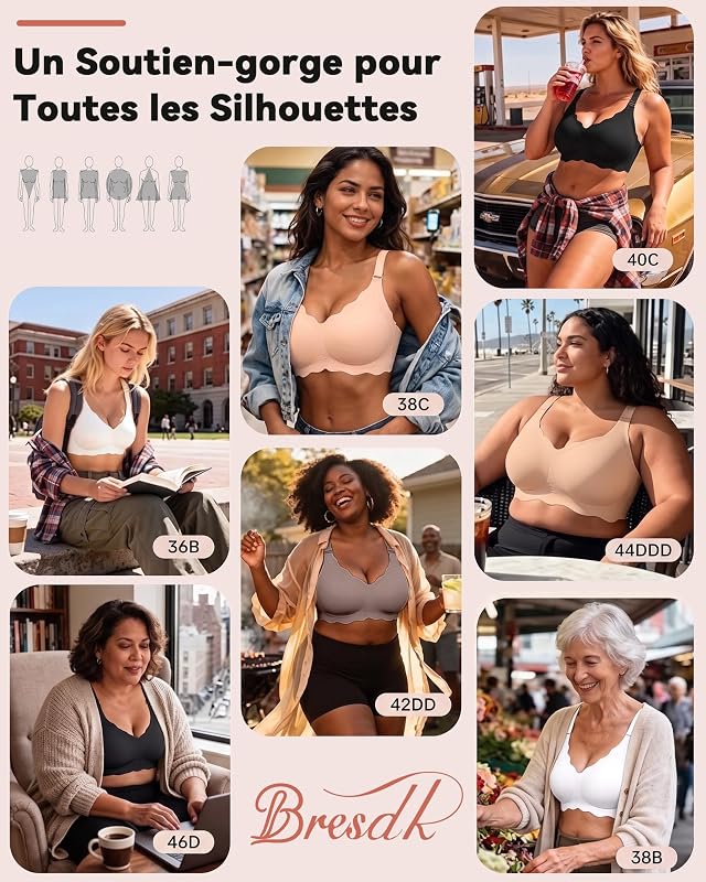 Soutien-Gorge sans Armature Confortable Col V Festonné Marron XL
