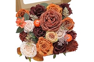 Serwalin Artificial Flowers Silk Marigold Flowers Cake Flowers Fake Roses Orange Burgundy Flowers with LeavesCombo Box for DIY Wedding Decoration Foam Arrangements Party Baby Shower Home Decor