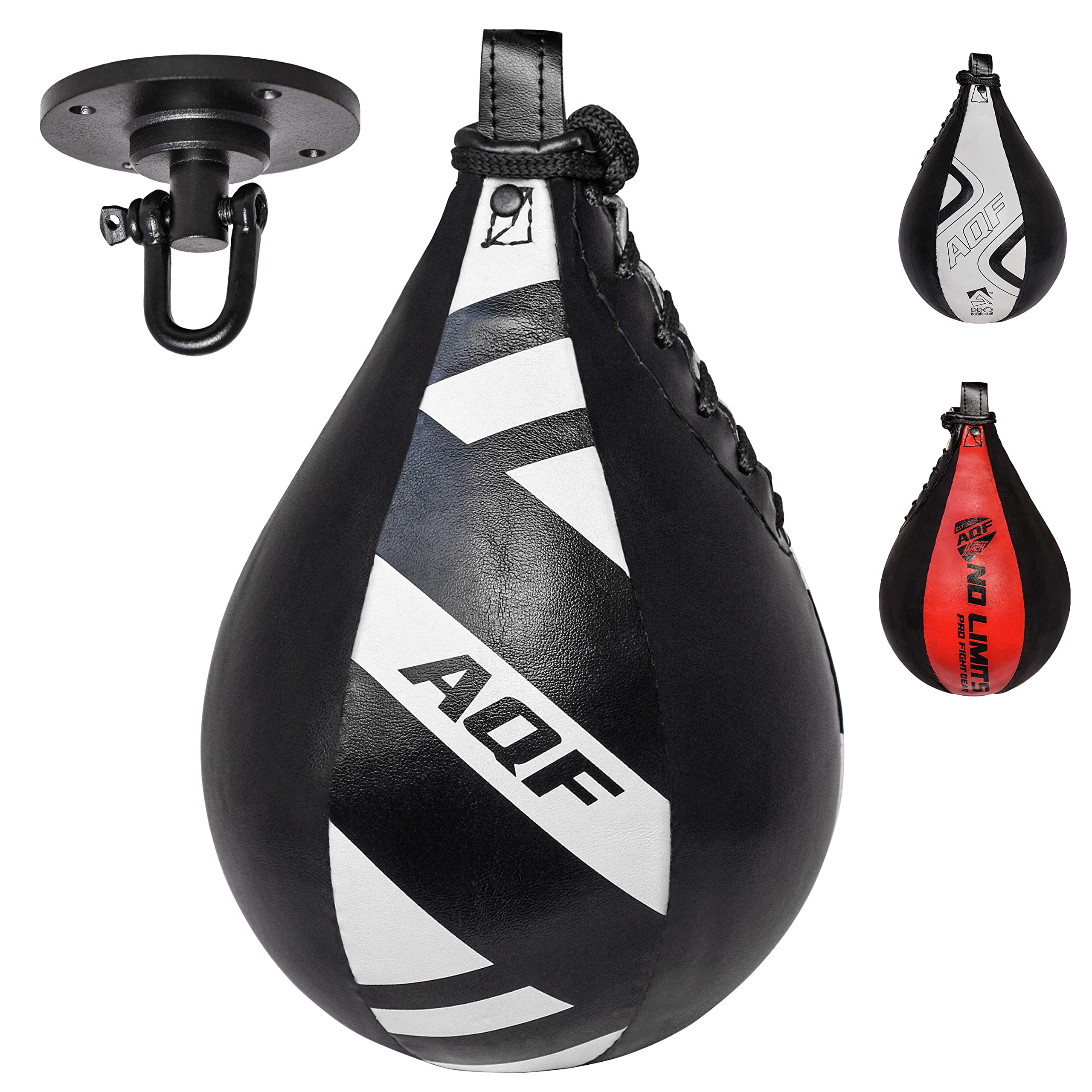 AQF Leather Speed Ball & Swivel Boxing Punch Bag Punching Training MMA Speedball (Black & White)