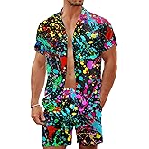 LESOCUSTOM 80s 90s Men's Hawaiian Outfits 2 Piece Shirt and Shorts Sets Button Down Beach Suits Disco Party