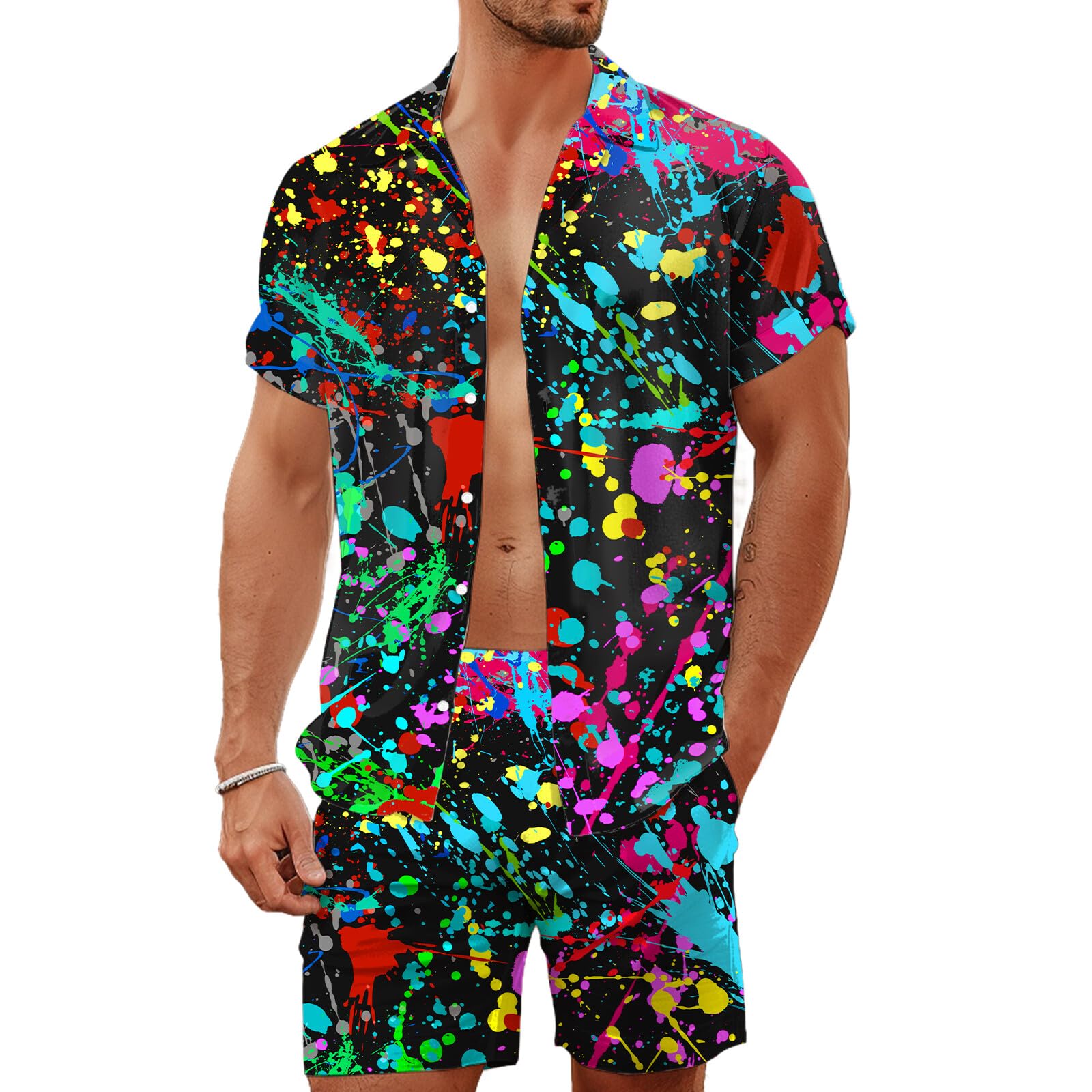 LESOCUSTOM Men Tie Dye Neon 2 Piece Hawaiian Shirt and Splash Style ...