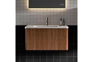 SSLine 30" Wall-Mount Bathroom Vanity with Sink Fully Assembled Single Bathroom Vanity Set with White Ceramic Basin &Storage Drawer Modern Striped Walnut Floating Vanity Sink Cabinet for Small Space