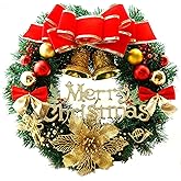 Small Christmas Wreath (11.8 Inch / 30 cm) for Front Door Wall Windows Artificial Poinsettia Xmas Decoration with Tinkle Bell Bowknot and Small Ornaments