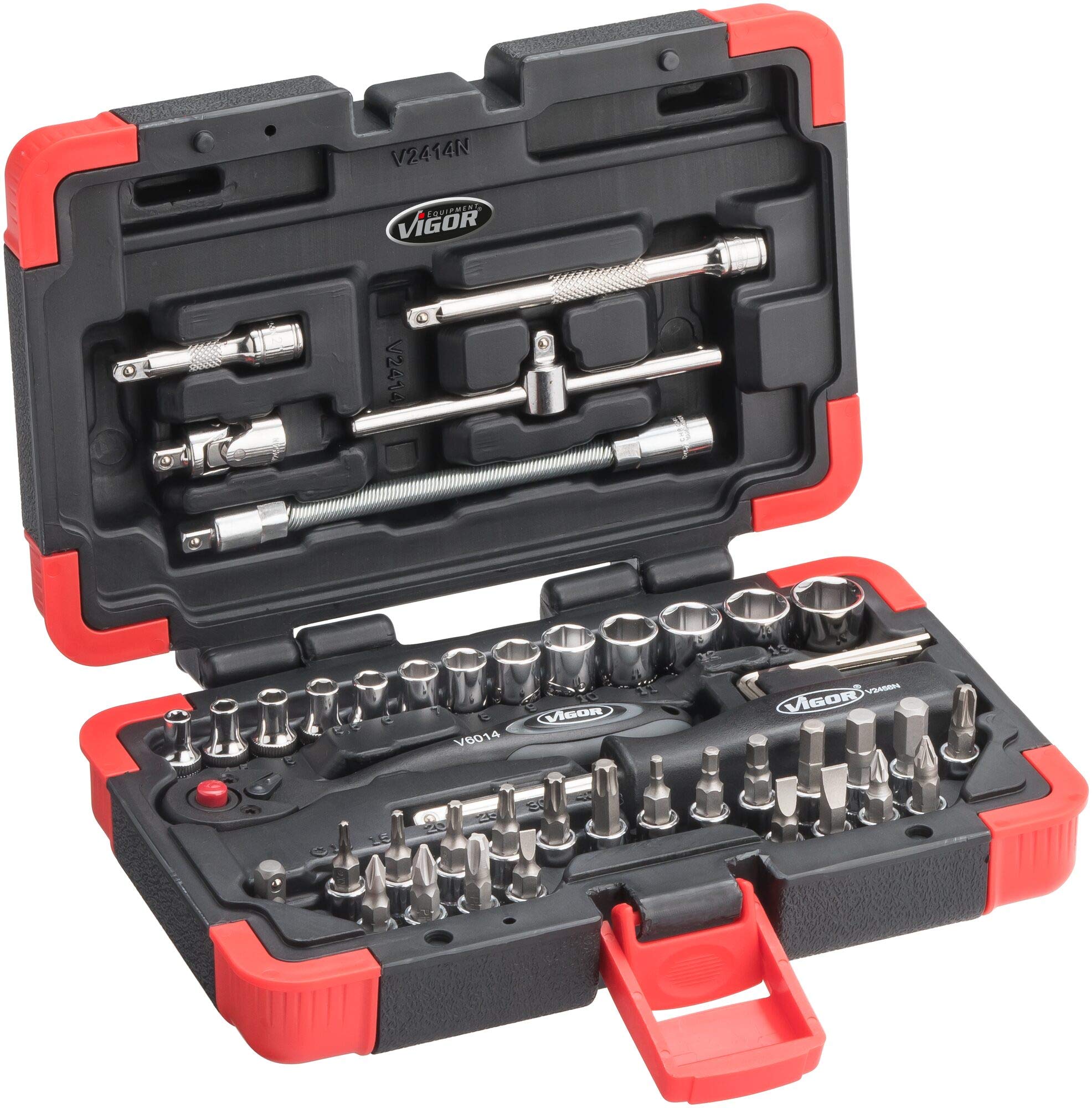 Vigor V2414N Socket Spanner Set 1/4 Inch with Numerous Bits and Sockets Flexible Thanks to Extensions and Adapters 46 Pieces