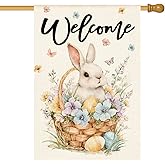 AVOIN colorlife Bunny Rabbit and Flowers House Flag 28x40 Inch Double Sided Outside, Spring Easter Welcome Yard Outdoor Flag