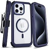 Defender for Clear iPhone 15 Pro Max Case with Belt Clip Holster, Compatible with MagSafe, Anti-Yellowing, Full-Body Phone Cover for iPhone 15 Pro Max Case (Clear & Blue)