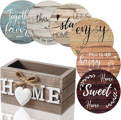 Queekay Coasters Set of 6 with Holder Farmhouse Wood 4'' New Home Gift